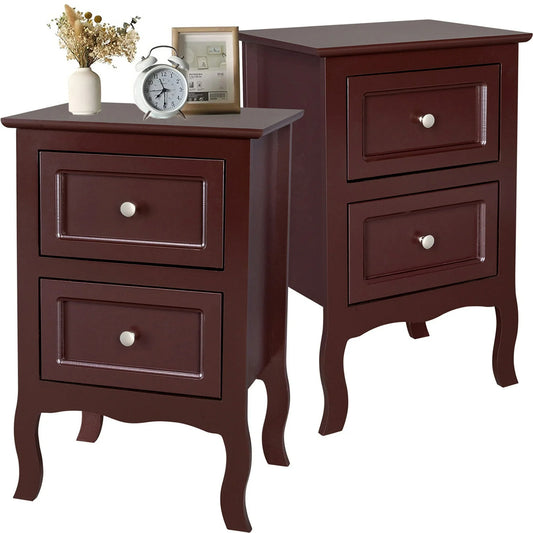 HSUNNS Nightstands Set of 2, Country Style End Table Nightstand Side Table with 2 Drawers, Wood Accent Table with Storage for Bedroom Living Room, Brown