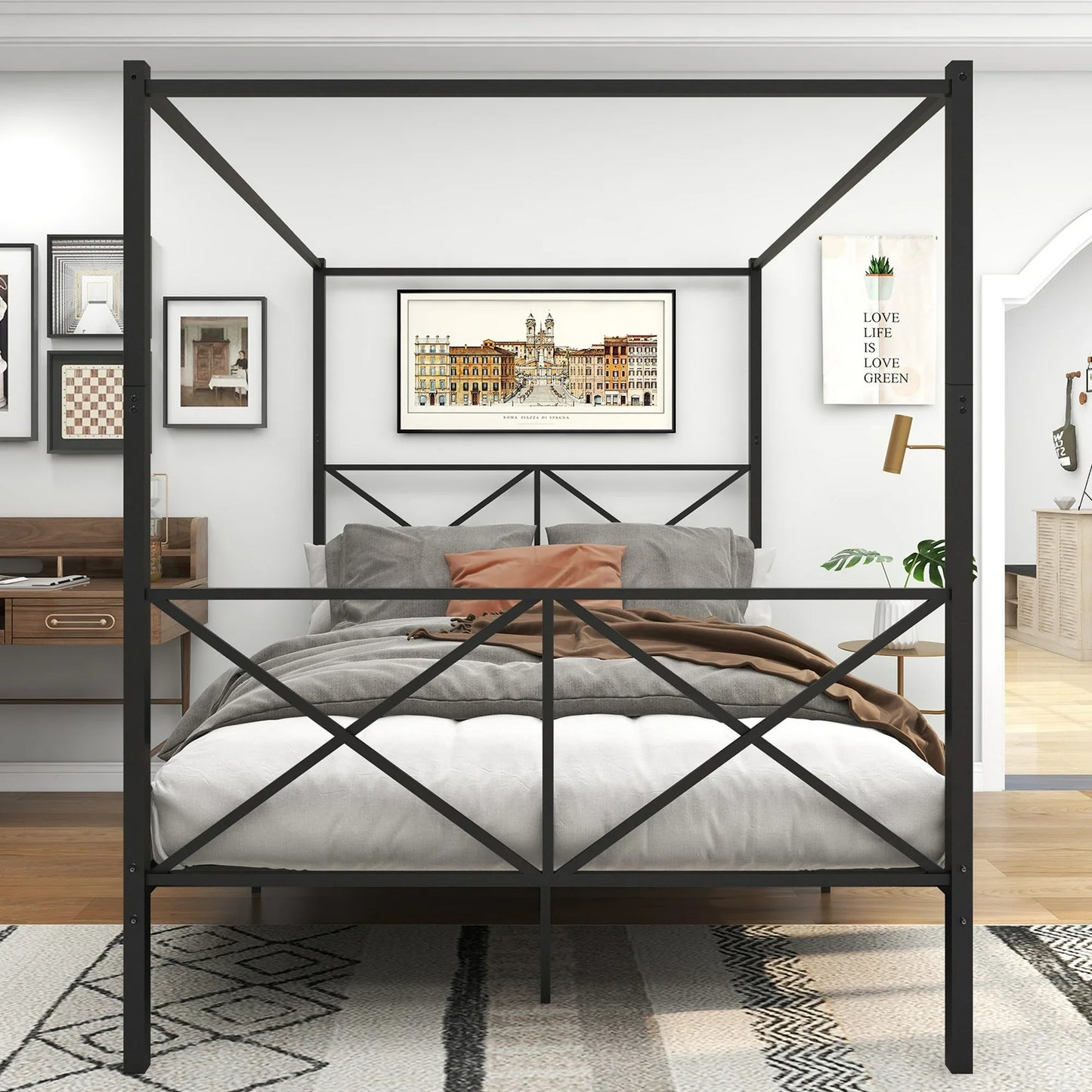 HSUNNS Queen Size Canopy Bed Frame, Metal Platform Bed Frame with X Shaped Headboard and Footboard, Under-Bed Storage, Noise Free, Easy Assembly, Black