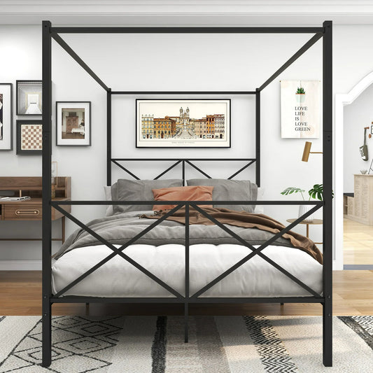HSUNNS Queen Size Canopy Bed Frame, Metal Platform Bed Frame with X Shaped Headboard and Footboard, Under-Bed Storage, Noise Free, Easy Assembly, Black