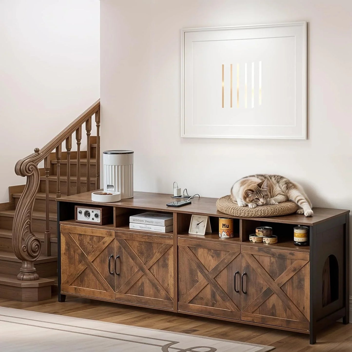 JanflyHome Cat Litter Box Furniture, 63 Inch TV Stand 2 Cats Double Litter box Enclosure Hidden Washroom TV Stand, Vintage Brown