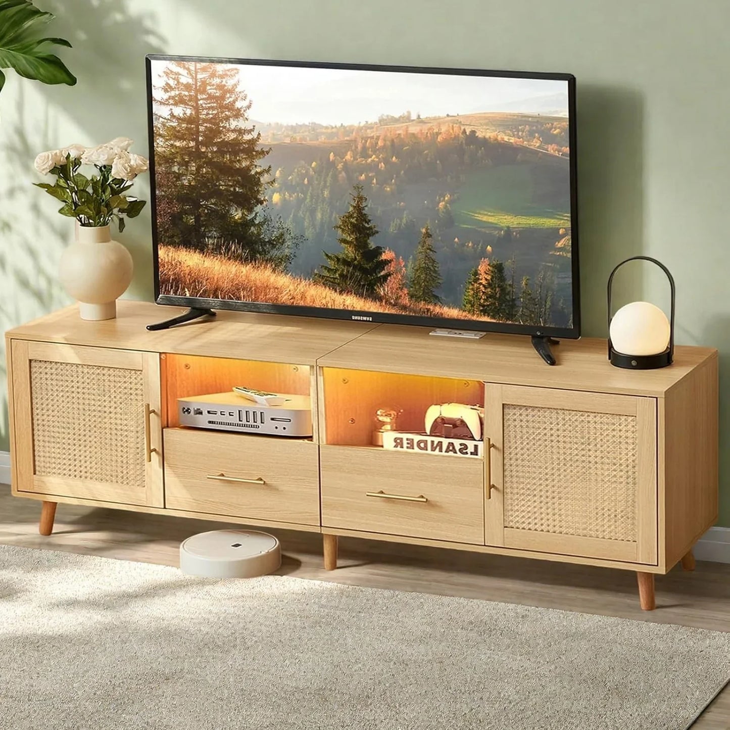 JanflyHome TV Stand for 75in TV, Rattan Boho Entertainment Center with Adjustable LED Light, Power Outlet, Wood
