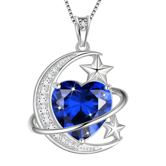 Juwaliy 13MM Women Moon Stars Necklace Heart September Birthstone 925 Sterling Silver Pendant Blue Sapphire Jewelry Birthday Mother's Day Gift
