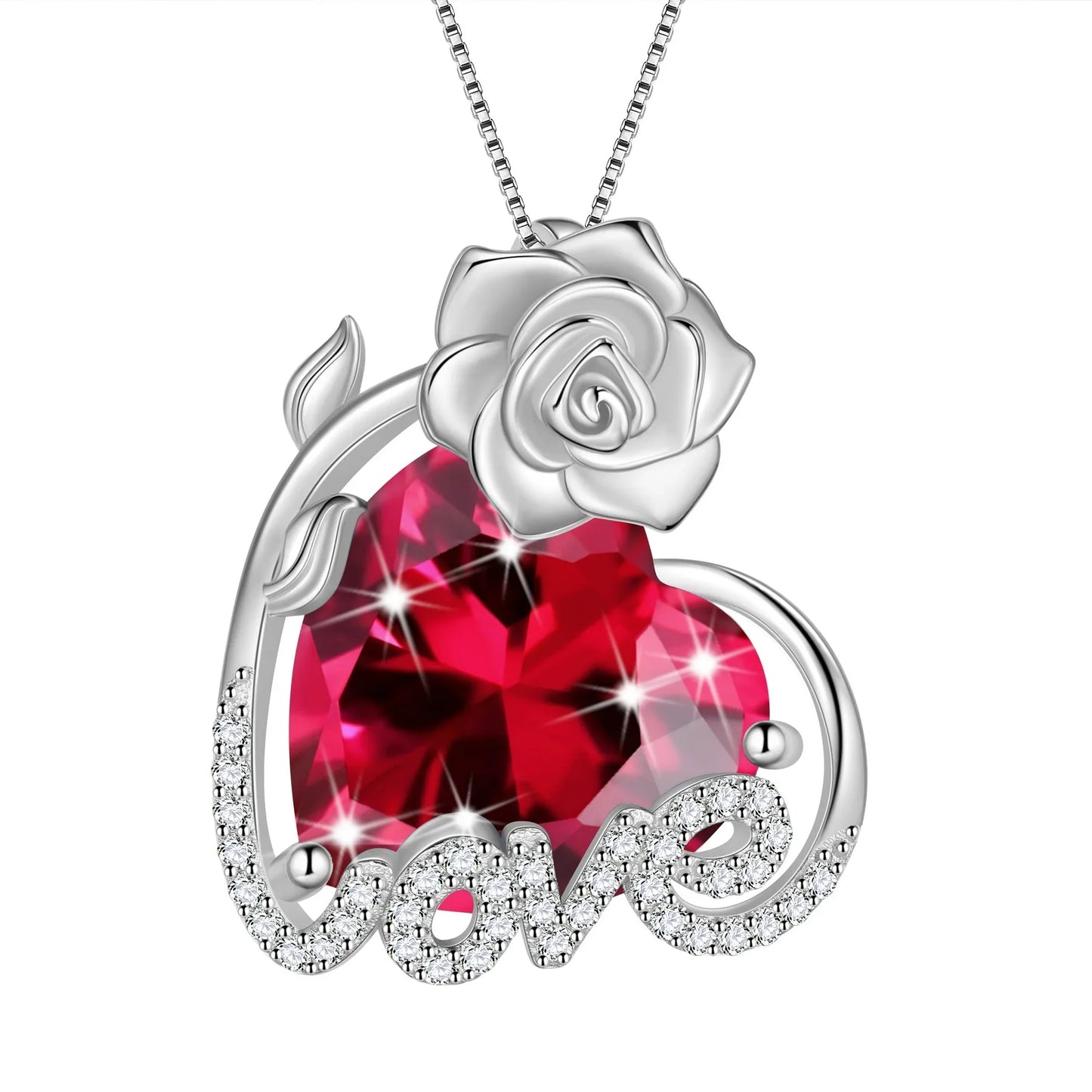 Juwaliy 15MM Women Rose Heart Necklace July Birthstone 925 Sterling Silver Flower Love Jewelry Pendant Red Ruby Mother Birthday Valentine's Day Gift
