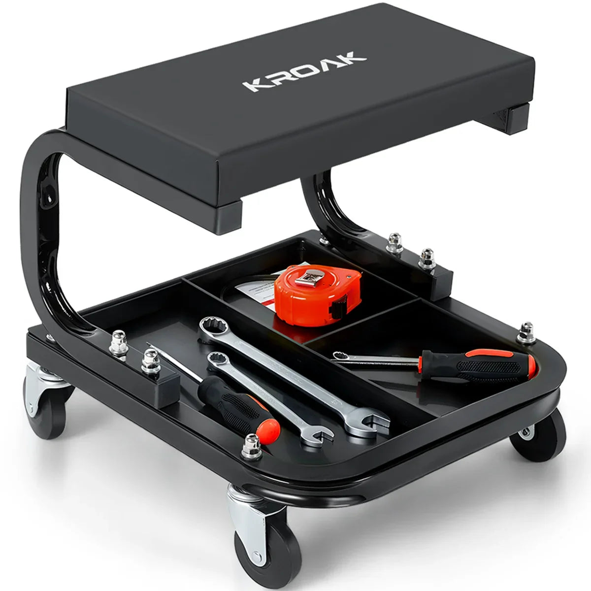 KROAK 14.2 Rolling Creeper Garage/Shop Seat with 3 Segmented Tool Tray, 260 Lbs Capacity, 360 2.5 Casters, Comfortable Car Repair Mechanic Stool, Black