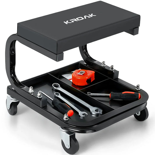 KROAK 14.2 Rolling Creeper Garage/Shop Seat with 3 Segmented Tool Tray, 260 Lbs Capacity, 360 2.5 Casters, Comfortable Car Repair Mechanic Stool, Black
