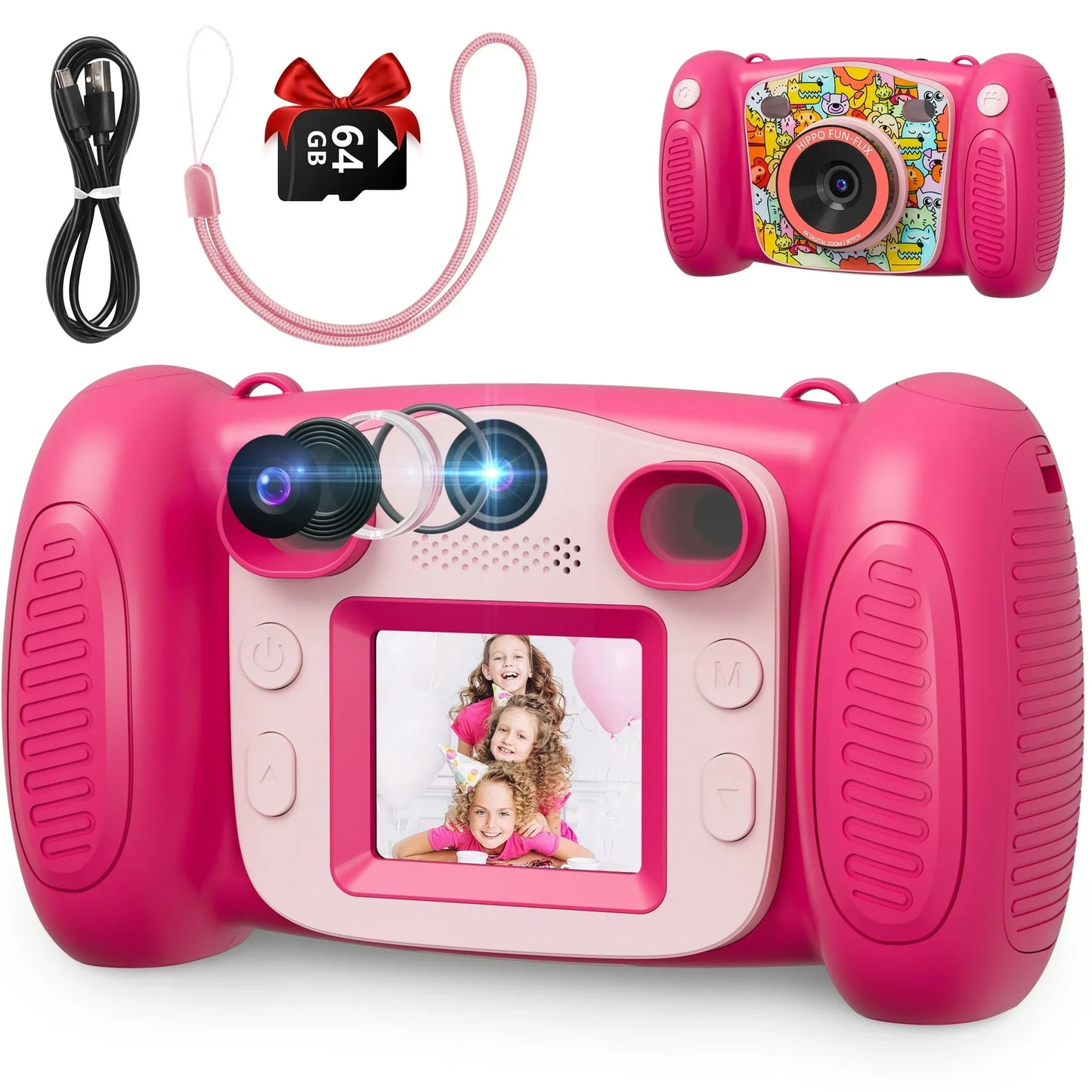Pink Touch Kids Digital Camera - Toy Camera for Toddlers Aged 3-12, 1080P HD Photo/Video, Portable Toddler Selfie Camera, 4 Batteries, 64GB Memory, Best Birthday Gift for Kids (Red)