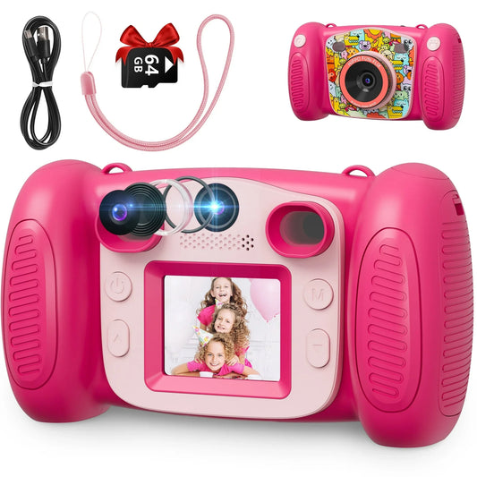 Pink Touch Kids Digital Camera - Toy Camera for Toddlers Aged 3-12, 1080P HD Photo/Video, Portable Toddler Selfie Camera, 4 Batteries, 64GB Memory, Best Birthday Gift for Kids (Red)