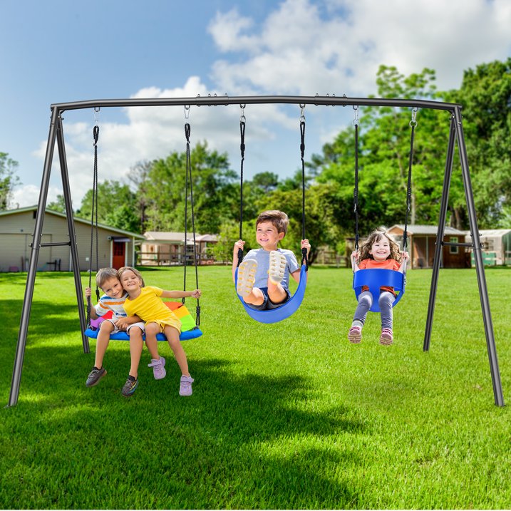 KloKick 440lbs Outdoor Swing Set for Kids  Includes Toddler Swing, Belt Swing, and Platform Swing, Metal Frame for Backyard Play