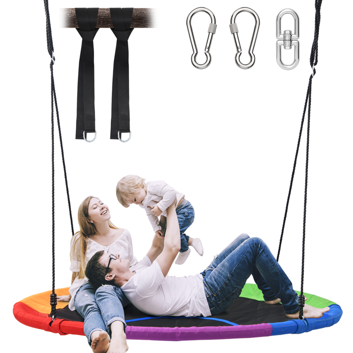 KloKick 60 Extra Large Tree Swing for Kids  Adults  900D Oxford Waterproof Saucer Swing with 2 Hanging Straps, Rainbow