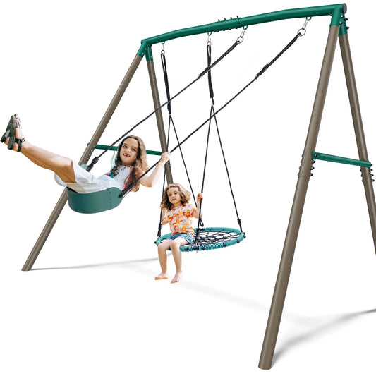 KloKick 7.5ft Heavy Duty Swing Set for Backyard, 500lbs Capacity Outdoor Metal Swing Set for Kids  Adults with Spider Swing and Belt Swing (Green)
