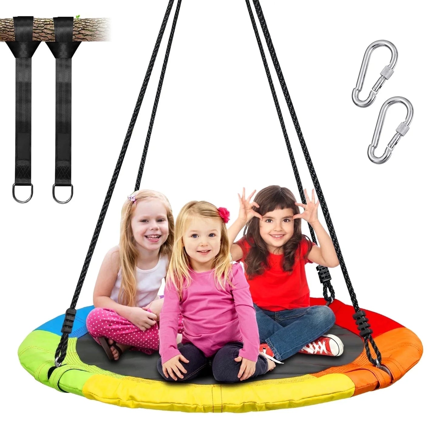 KloKick Saucer Tree Swing 700lb 40in for Kids Adults Waterproof Sets with 2pcs Tree Hanging Straps, Heavy Duty Steel Frame  Adjustable Ropes, Rainbow