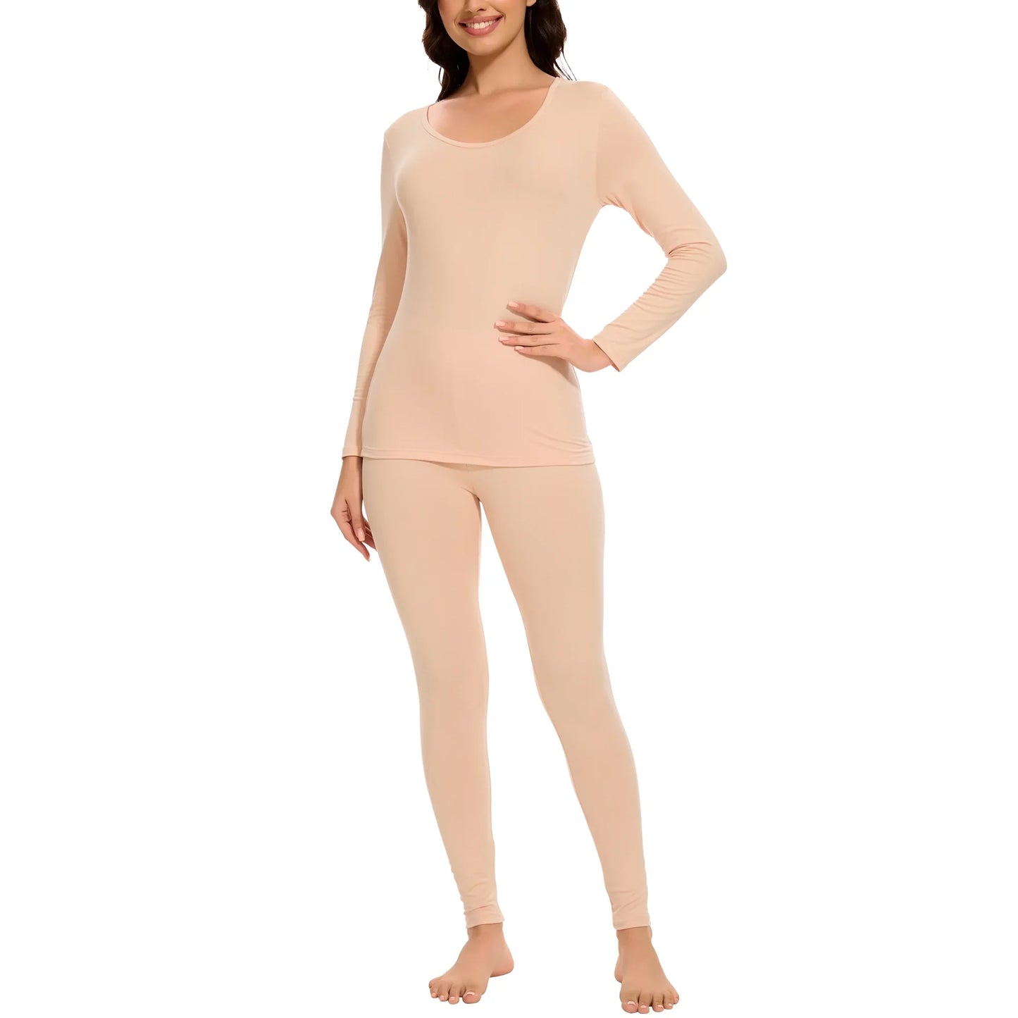 MANIFIQUE Thermal Underwear Set for Women Ultra Thin Long Johns Scoop Neck Base Layer Top  Bottom Set