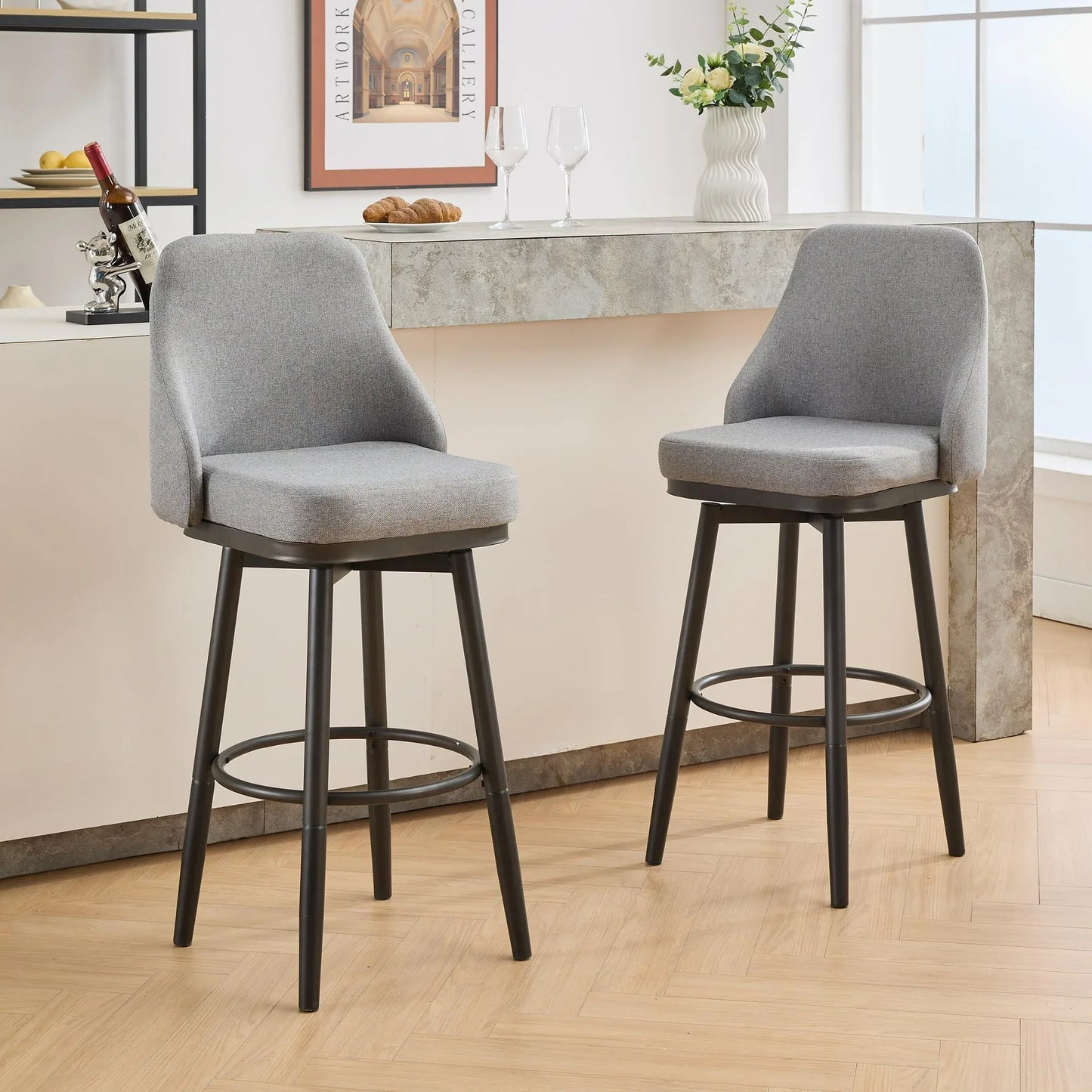 OTHNIEL Bar Stools Set of 2 Adjustable Chenille Swivel Barstool,Metal Leg,24 to 29 Inch Light Gray