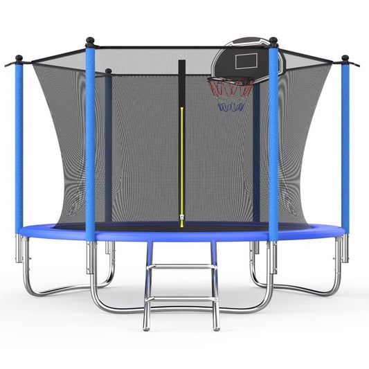 Ovatoys 800LBS 8FT Trampoline for 3 4 Kids ,Trampoline with Safety Enclosure Net,Basketball Hoop and Ladder, Easy Assembly Round Outdoor Recreational Trampoline,Age (3-10)