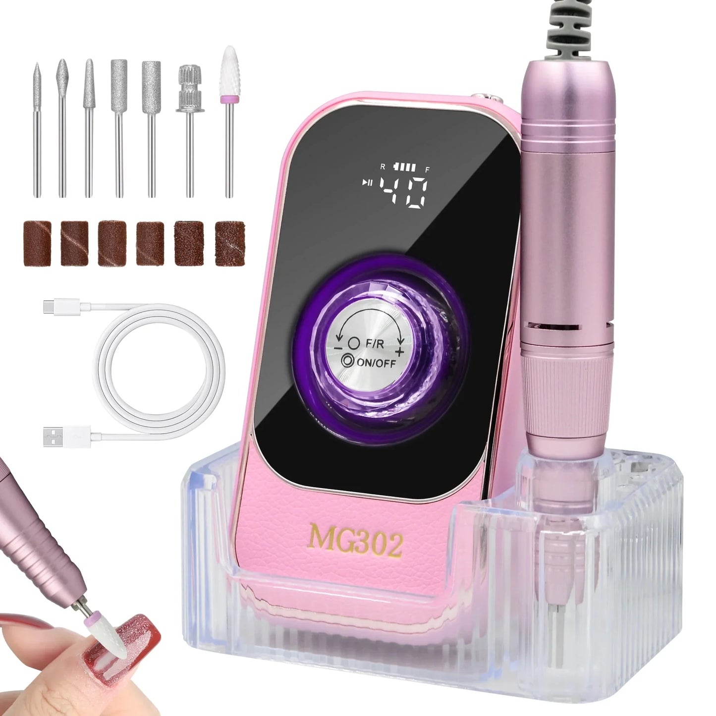 Sentryse Electric Nail Drill Machine 45000RPM Professional Rechargeable Nail File with LCD Display  Base  7 Bits, Nail Drill Kit for Manicure, Pedicure, Acrylic Nails Gel Polishing, Pink