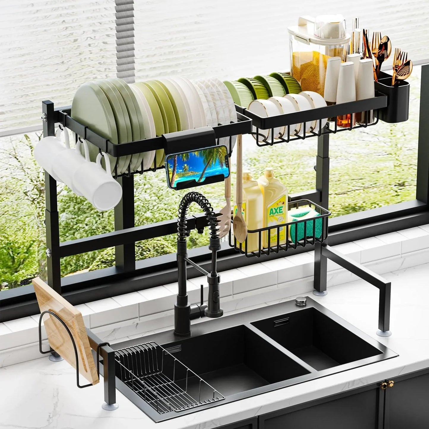 Over The Sink Dish Drying Rack (Expandable Height and Length) Snap-On Design 2 Tier Large Dish Rack