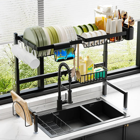 Over The Sink Dish Drying Rack (Expandable Height and Length) Snap-On Design 2 Tier Large Dish Rack