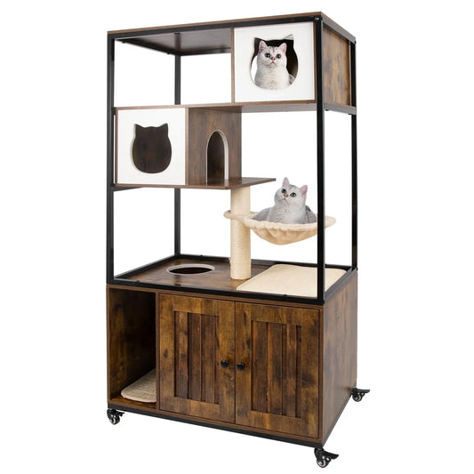 PETSCOSSET Cat Litter Box Enclosure on Wheels Washroom Furniture with Condo Hammock Scratching Mat, Multiple Platforms