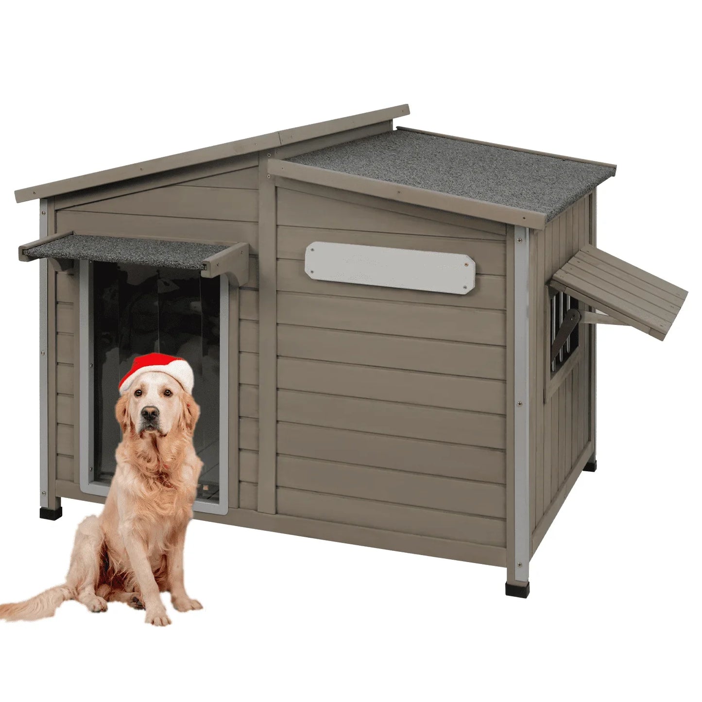 PETSCOSSET Dog House Outdoor Weatherproof Large Wooden Dog Kennel Indoor with Chew-Proof Iron Frame for Medium Dogs