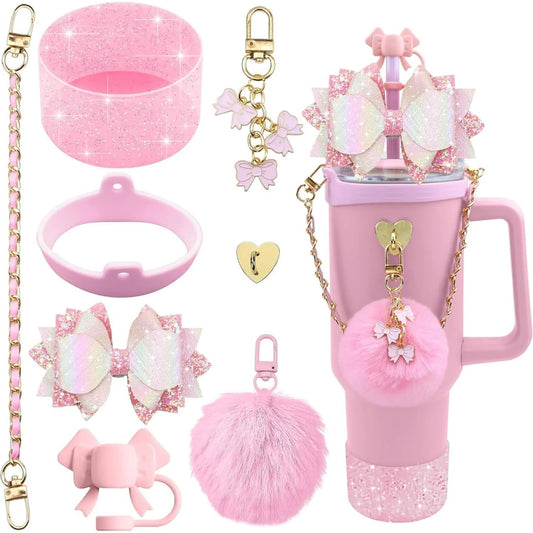 Cup Accessories and Charm Set for Stanley Tumbler Cup, Silicone Straw Cover Cap Straw Toppers Cup Boots, Pink