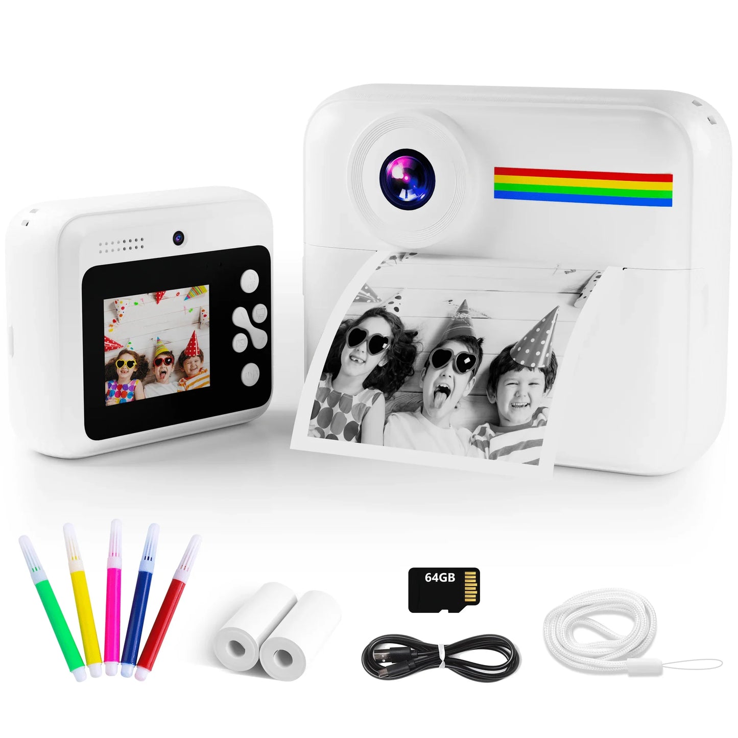 Pink Touch Kids Camera Instant Print, Dual Lens Children Selfie Camera, Christmas Birthday Gift Toy for Boys and Girls, Portable Travel Camera Toy, HD 1080P Kids Camera with SD Card - White