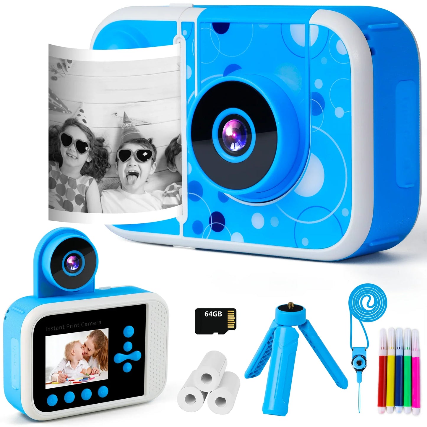 Pink Touch Kids Camera Instant Print, Front Rear Dual Selfie Kids Camera with 1080P Videos, Portable Children Digital Camera with 64GB Card, Best Christmas and birthday gifts for kids aged 3-12, Blue