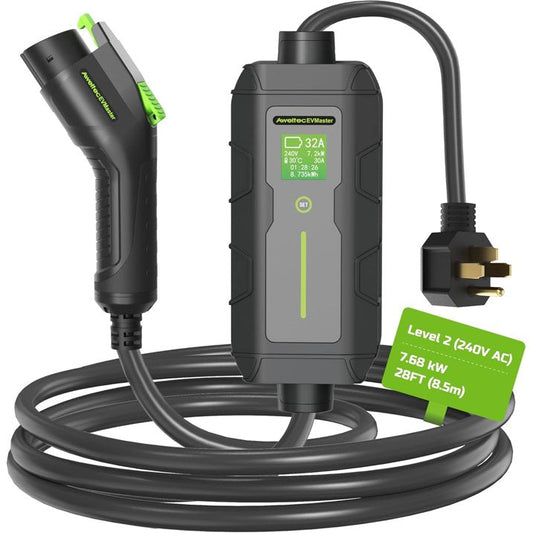 Portable Level 2 EV Charger (240V, 32A) with 25ft Cable and NEMA 14-50 for SAE-J1772 Electric Vehicles Current Adjustable and Reservation Charging Function