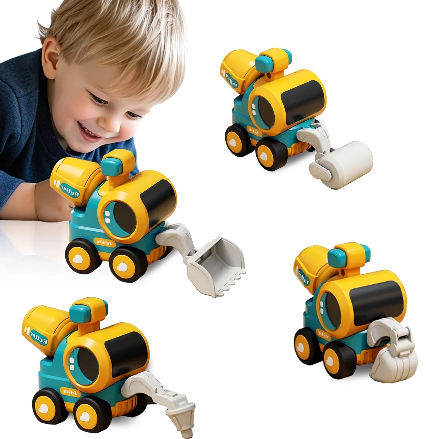 Construction Toys Set Of 4 Excavator Road Roller Bulldozer Pile Driver, Pressing Engineering Car Vehicles Toys for 3 5 Year Old Children Boys Girls Toddler Kids Christmas Birthday Gift Trucks Toy