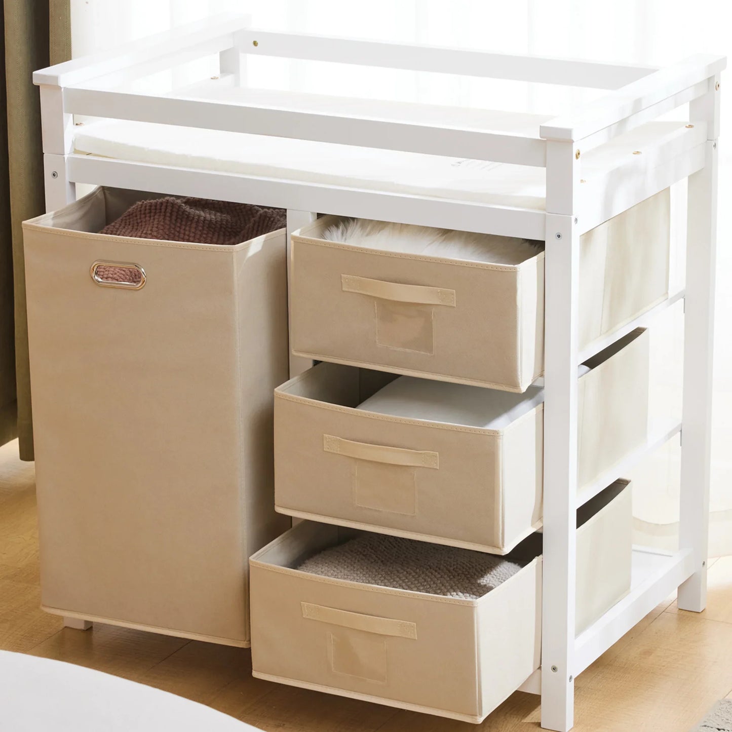 SESSLIFE Infant Changing Station with 3 Fabric Drawers & 1 Fabric Bag, Baby Dresser With Changing Table Top for Nursery, Easy Assembly, White