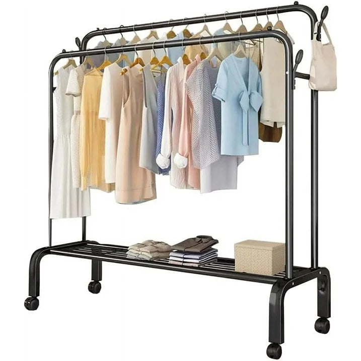 SUSUZI Double Rods Garment Rack with Wheels Freestanding Clothing Rack, Black