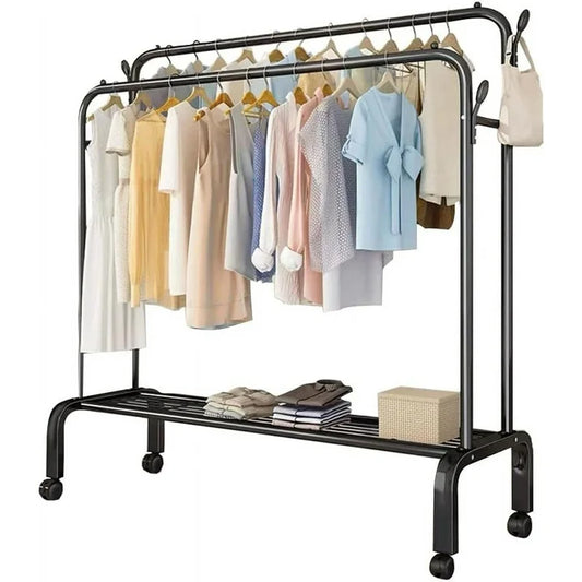 SUSUZI Double Rods Garment Rack with Wheels Freestanding Clothing Rack, Black