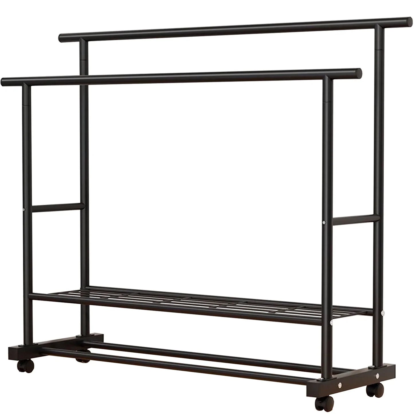 SUSUZI Double Rods Garment Rack with Wheels, Freestanding Clothing Rack for Hanging Clothes