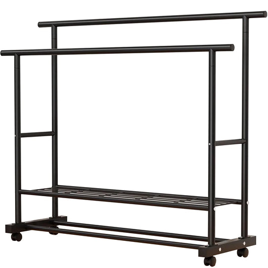 SUSUZI Double Rods Garment Rack with Wheels, Freestanding Clothing Rack for Hanging Clothes