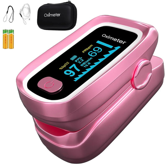 SUWU Oximeter, SpO2 Pulse Oximeter, 4 Data Pulse Oximeter with Respiration, Respiration Rate Monitor, Pulse Oximeter with Bag, and Lanyard (Pink)