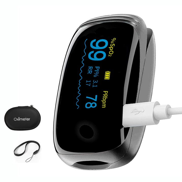 SUWU Rechargeable Pulse Oximeter Fingertip Oxygen Monitor Fingertip with SpO2 Pulse Rate and PI RR OLED Precision Fast Oximeter SpO2 Reading Outdoor Sports Home (Black)