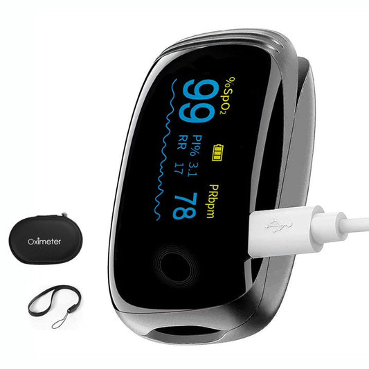 SUWU Rechargeable Pulse Oximeter Fingertip Oxygen Monitor Fingertip with SpO2 Pulse Rate and PI RR OLED Precision Fast Oximeter SpO2 Reading Outdoor Sports Home (Black)