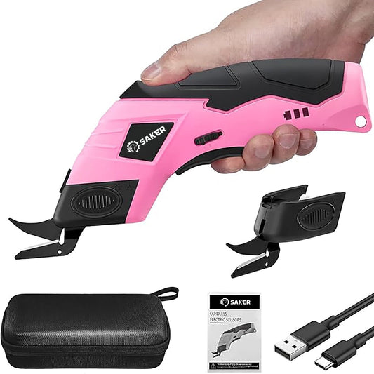 Saker Cordless Electric Scissors, Lightweight, Type C Charging, Safety Lock, Pink with Storage Bag, 2 Blades for Fabric, Carpet, Leather, Cardboard