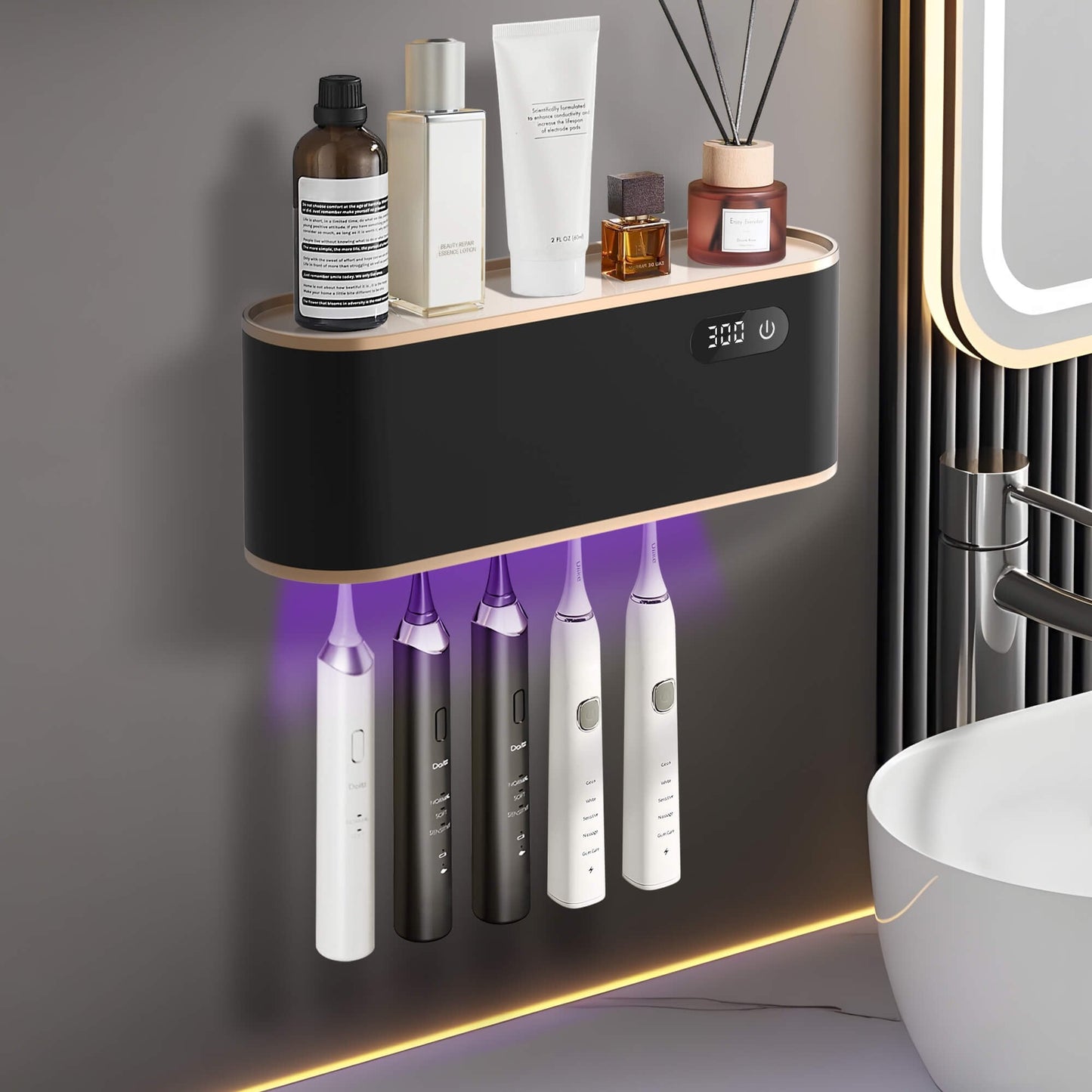 Sentryse Toothbrush Holders, UV Toothbrush Sanitizer and Holder, 5 Cups Electric Tooth Brush Holder Wall Mounted, Black