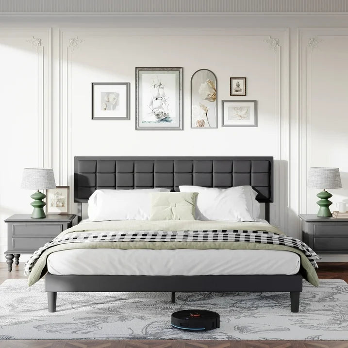 Sesslife King Size Bed Frame with Adjustable Fabric Upholstered Headboard, Wood Platform Bed with Sturdy Slats Support, Under Bed Storage, Noise Free, Easy Assembly, No Box Spring Needed, Dark Gray