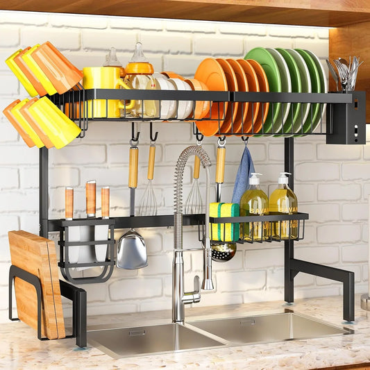 Over The Sink Dish Drying Rack, Adjustable (26.8" to 34.6") Large Dish Drainer Drying Rack for Kitchen Counter with Multiple Baskets Utensil Sponge Holder Sink Caddy, 2 Tier (Black)