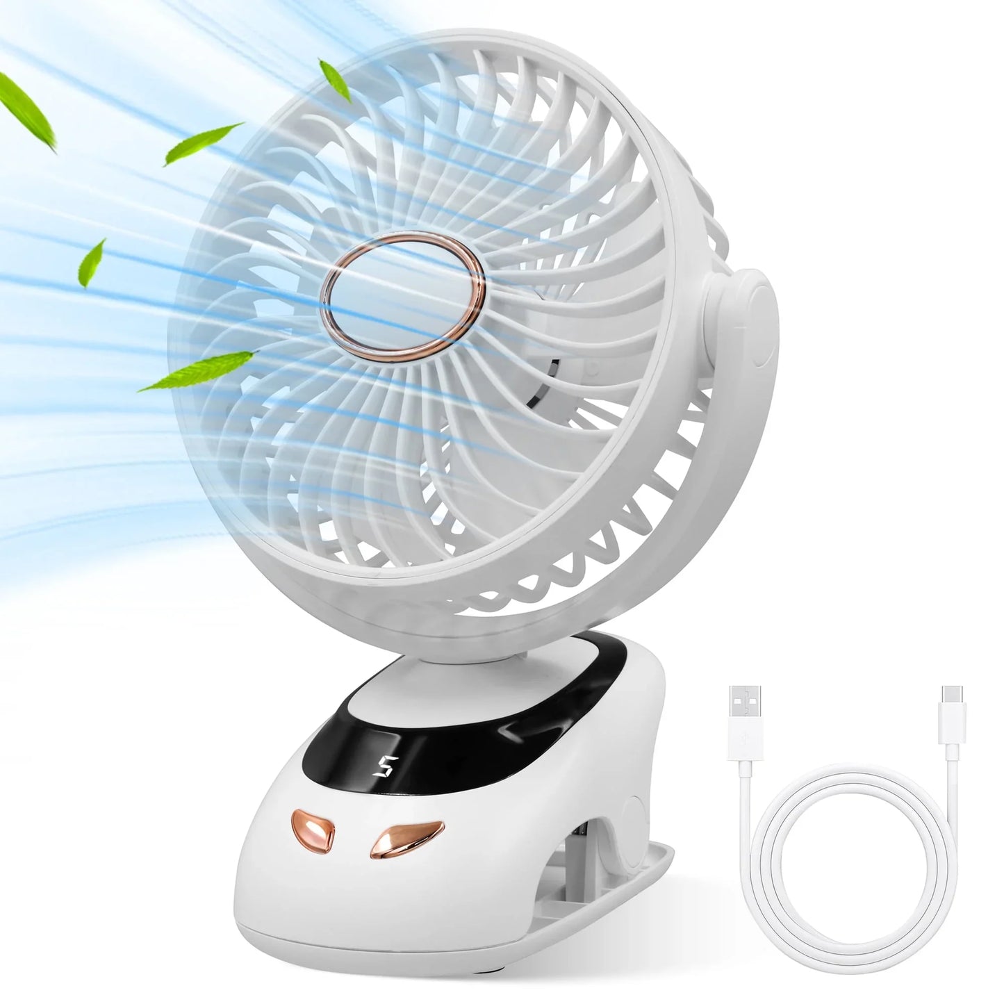 Sentryse Small Clip on Fan, Mini Bedside Desk Fan, USB Plug, with Sturdy Clamp,White
