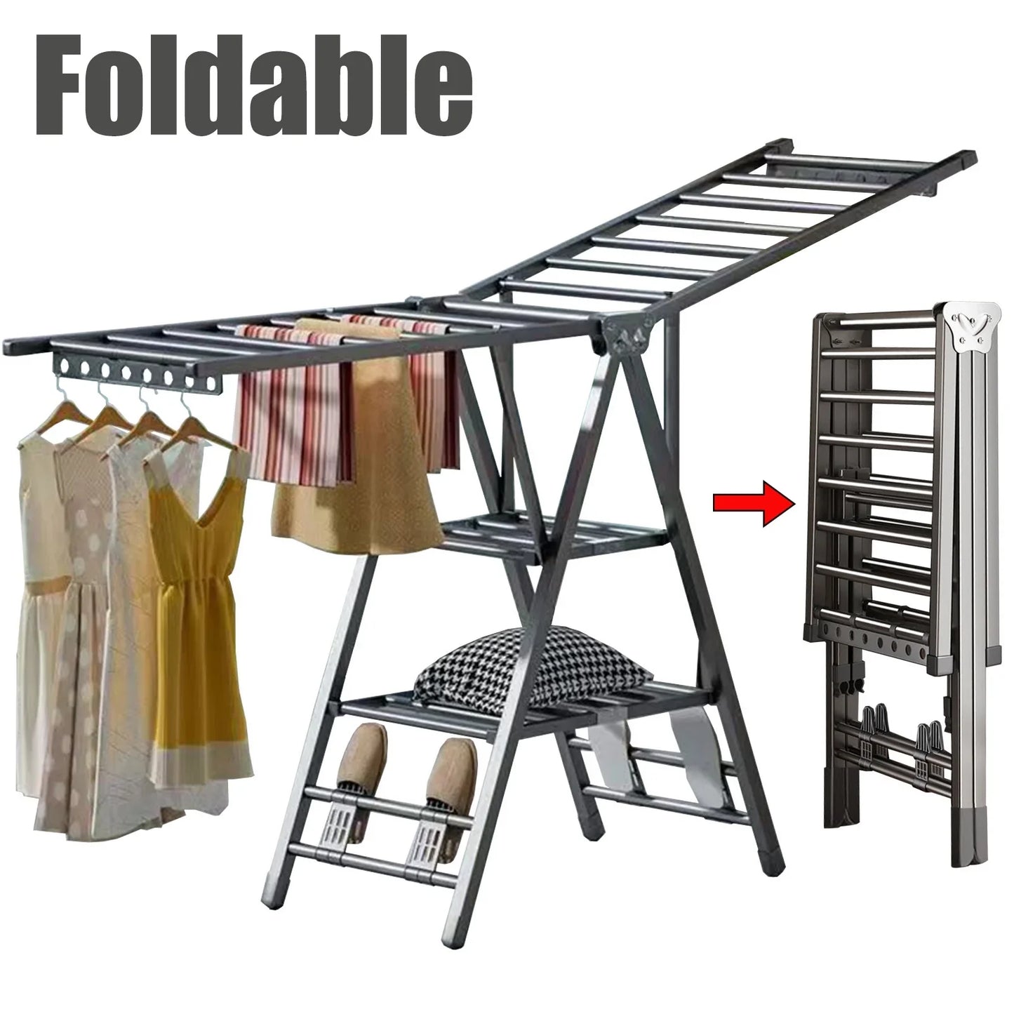 Susuzi Stainless Steel Clothes Drying Rack - Foldable, Space-Saving Gullwing Design with Wheels, 150 lb Capacity, for Indoor & Outdoor Use