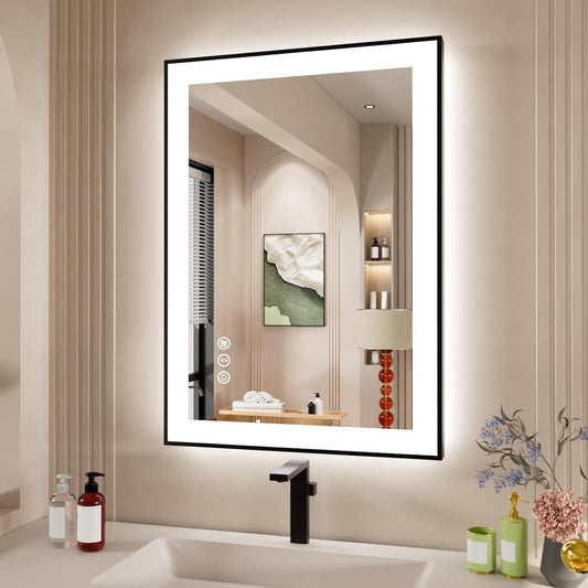 Swafrrt 20 X28 Anti fog LED Lighted Bathroom Wall Mirror with Black Frame, Dual Light Source and Three Lighting Modes, Shatterproof, Memory