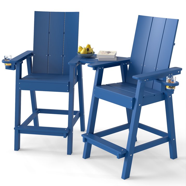 Tall Adirondack Chair Set of 2, HDPE All Weather Adirondack Bar Stools with Connecting Tray, Navy Blue