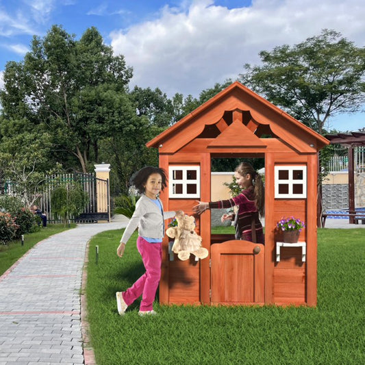 Outdoor Playhouse for Kids, All Weather Wooden Outside Playhouse with 2 Windows, Flowers Pot Holder, Half-door, Kids Cottage Playhouse, Gift for Girls Boys, Golden Red