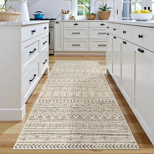 YEERSWAG Lahome Moroccan Runners for Hallways 2x8 Beige Washable Runner Rug Non-Slip Stain Resistant Kitchen Rug Runner, Geometric Print Distressed Soft Floor Carpet Runner for Bedroom
