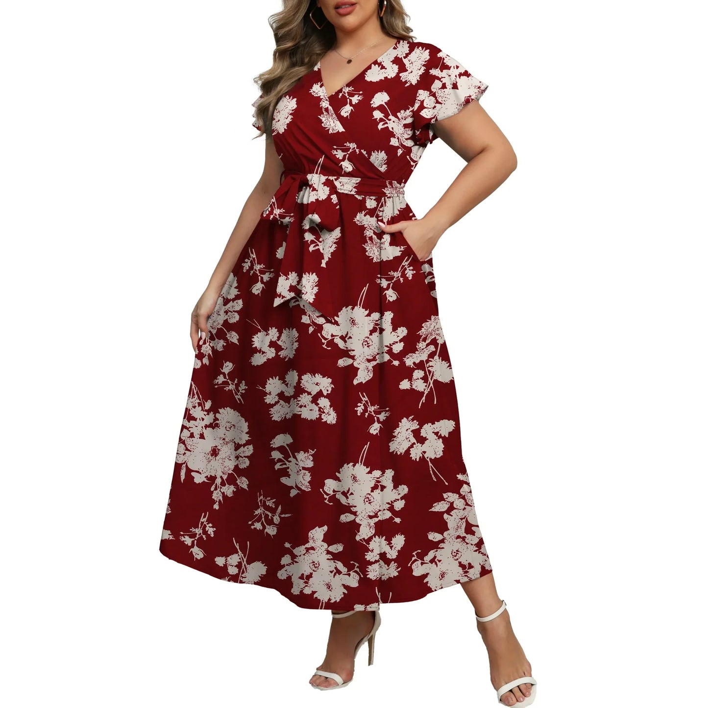 a.Jesdani Women's Plus Size Maxi Dress Boho Floral Butterfly Sleeve V Neck Flowy Maxi Dress Party Wedding Guest Dress L 4X