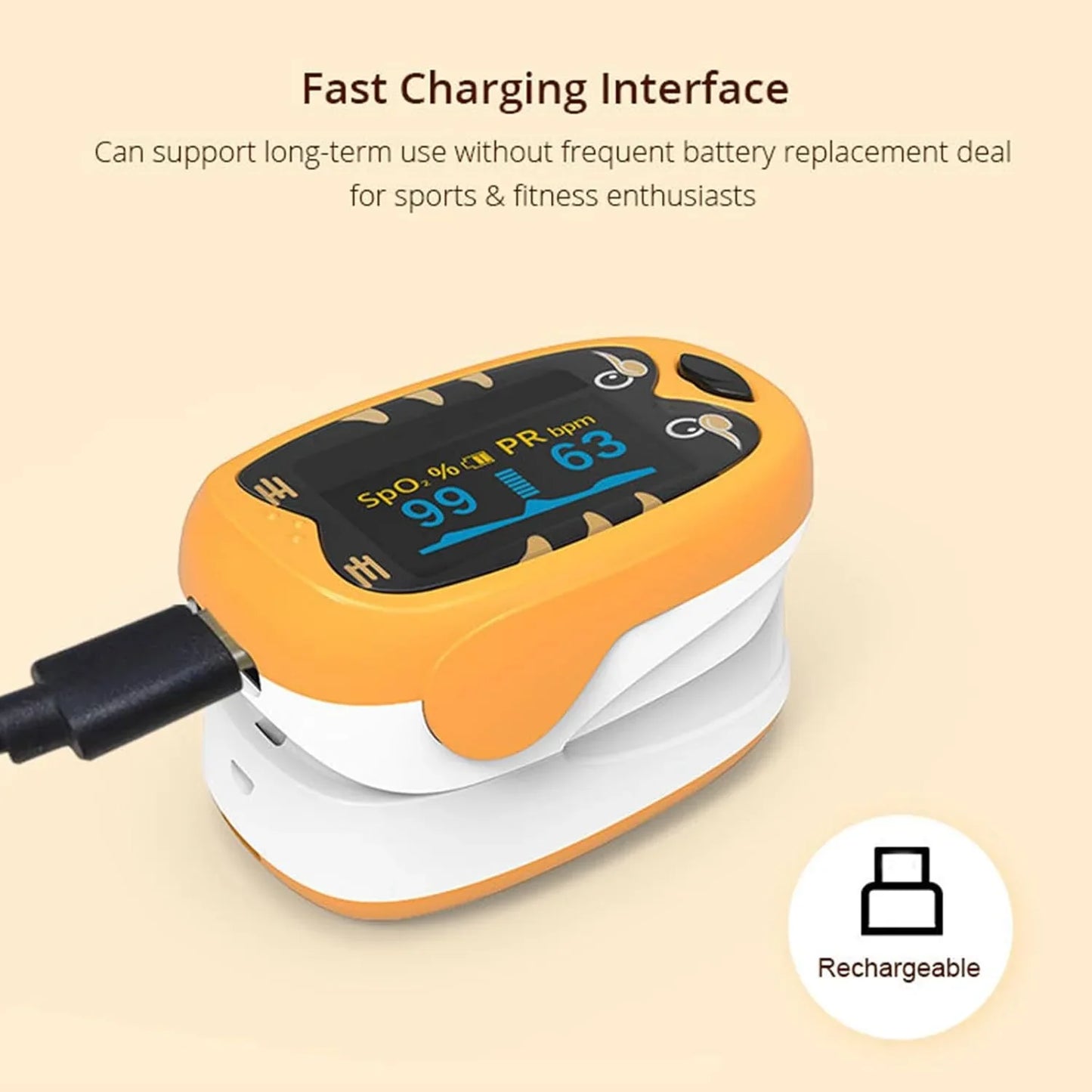 SUWU pulse oximeter Rechargeable Kids Pulse Oximeter oxygen monitor fingertip children pulse oximeter fingertip with charging cable, oximetro with lanyard, Drawstring Bag(Orange)