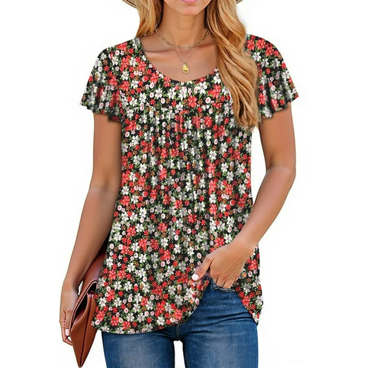 Fantaslook Womens Blouses Dressy Casual Pleated Tunic Tops Floral Ruffle Sleeve Summer Shirts