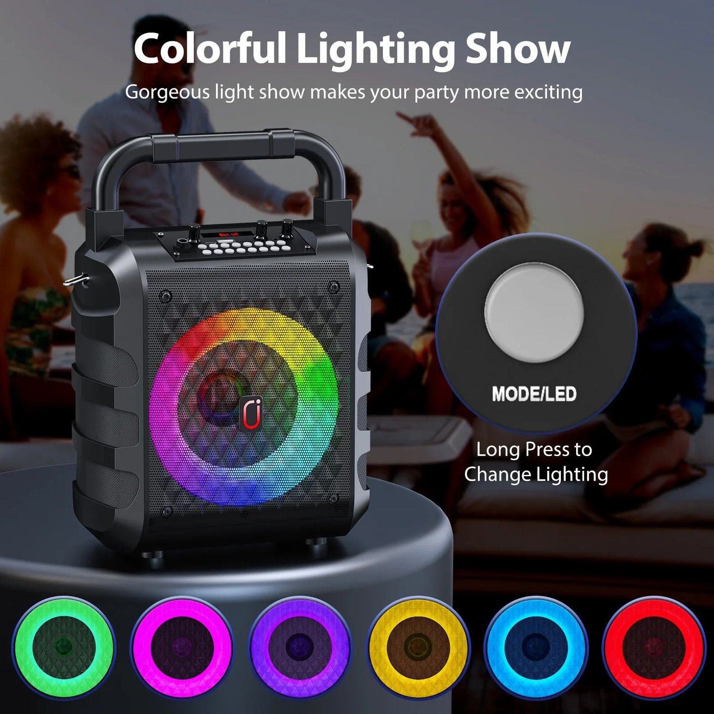 FanFun Portable Speaker, 20W Powerful Stereo Sound Party Speaker with DJ Lights, Bluetooth Speaker with 2 Microphones, Hands, Shoulder Straps, 12 H Playtime